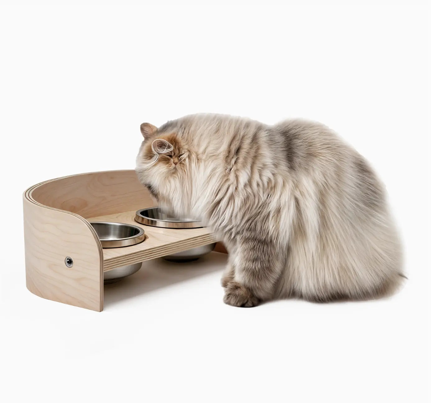 Modern Wooden Pet Bowl Stand with Stainless Steel Bowls Crafted with natural plywood, this modern feeding station brings the warmth of wood into your home while maintaining a sleek, contemporary aesthetic that seamlessly integrates with your décor. Key Fe