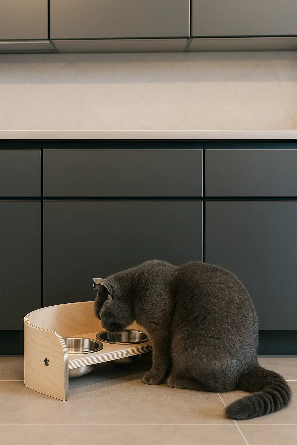 Modern Wooden Pet Bowl Stand with Stainless Steel Bowls Crafted with natural plywood, this modern feeding station brings the warmth of wood into your home while maintaining a sleek, contemporary aesthetic that seamlessly integrates with your décor. Key Fe
