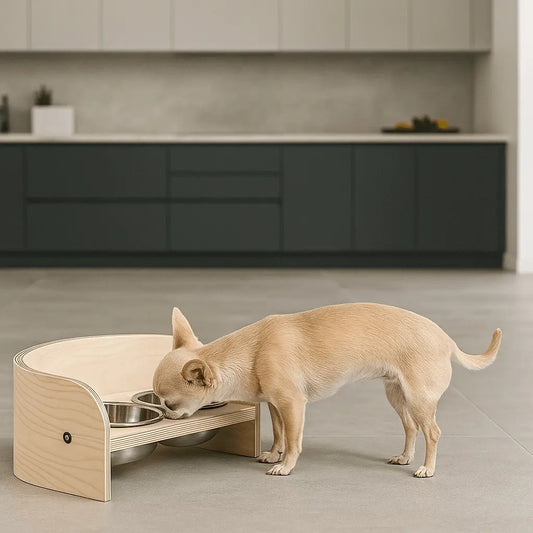 Modern Wooden Pet Bowl Stand with Stainless Steel Bowls Crafted with natural plywood, this modern feeding station brings the warmth of wood into your home while maintaining a sleek, contemporary aesthetic that seamlessly integrates with your décor. Key Fe
